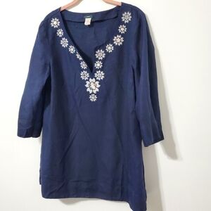 J. Crew Embroidered Sequin Navy Linen Tunic Top Size 12